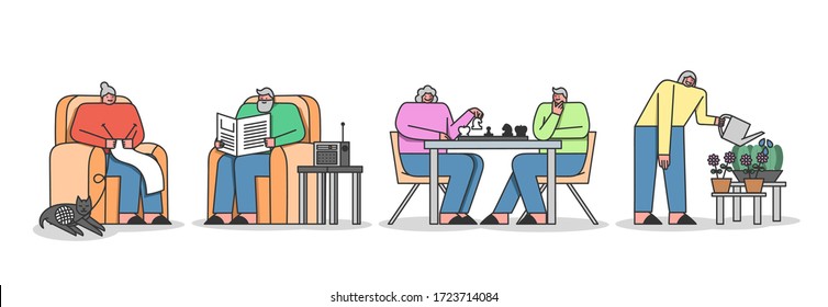 Concept Of Leisure Of Elderly People In Nursing Home. Characters Play Chess, Knitting Read Newspaper Care Of Flowers, Listen To The Music, Have Fun. Cartoon Linear Outline Flat Vector Illustration