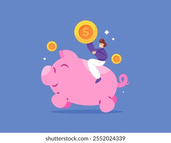 Guardar Concepto Vamos a por el futuro. Ahorra dinero en una hucha. finanzas, inversión y preparación. ilustración de un joven feliz y montando un cerdo rosa. diseño de estilo plano. elemento