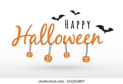 Concept of lettering for halloween party. Logo template of flying bats, greeting text and hanging orange pumpkin heads mascot. Isolated flat vector illustration 