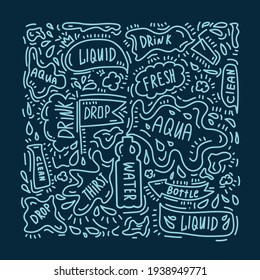 The concept of the lettering pattern of drinking water. Vector illustration drawn by hand. Doodle with words and symbols about water
