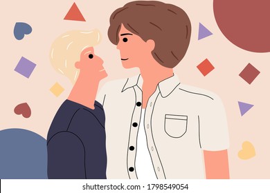 Concept LGBT. The young men flirting with each other. Passion, homosexual, romance, gay. Vector illustration in flat cartoon design.