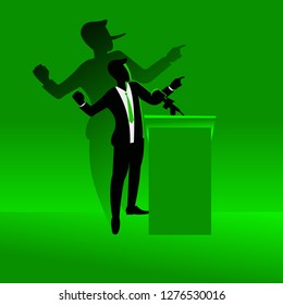 Concept of liar, man on a podium giving speech with his long nose shadow