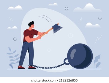 Concept of liberation. Man cuts chain with ax, throws off shackles. Free thinking, democracy. Protest metaphor, leadership and motivation. Guy breaking bad habits. Cartoon flat vector illustration