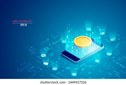 concept of libra coin technology, mobile phone and golden cryptocurrency sign with digital element
