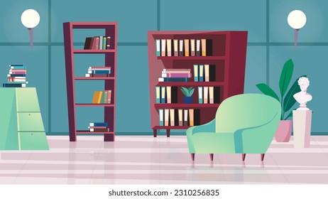 Concept Library. A flat, cartoon-style design background featuring a library with bookshelves, a desk, and chairs. Vector illustration.