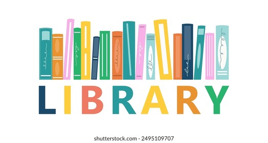 Concept library. A stack of books and the inscription library. Can be used in leaflets, posters and other promotional materials related to libraries, literary meetings.