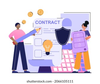 Concepto de contrato de licencia. El hombre pone una marca en el documento con un lápiz grande. Las partes están de acuerdo con las condiciones del contrato. Negocios, acuerdo. Dibujo vectorial plano de dibujos animados