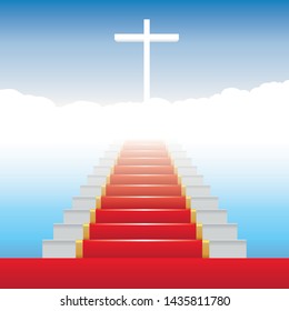 Concept of life after death, with a staircase covered with a red lining allowing access to paradise according to the Catholic religion.