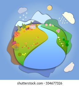 Concept of life cycle in nature, landscape scene in four different seasons of the year. Flat Landscape Template Illustration with smooth vector shadows. Paper cut style. The effect of applications.