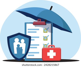 Concept of life and health insurance for whole family, umbrella, medical box, shield with symbols of people. Stock vector graphics