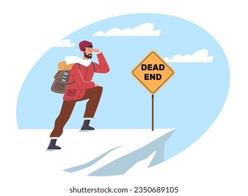 Concept of lifes obstacles and finding way out of them, man faced with an impasse in his path. Man climbing mountain. Achieving goals. Snowy rock peaks. Vector cartoon flat isolated illustration