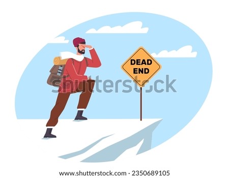 Concept of lifes obstacles and finding way out of them, man faced with an impasse in his path. Man climbing mountain. Achieving goals. Snowy rock peaks. Vector cartoon flat isolated illustration