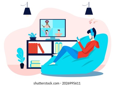 Concepto de cuarentena de estilo de vida. Personaje Hombre jugando al teléfono móvil en el sofá con pantalla de computadora que se deja abierto para charlar con amigos. Vector de estilo plano. Ilustración de la detención domiciliaria, comunicación, llamadas