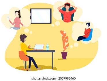 Concept Lifestyle quarantine, online call. woman chatting with friends  via computer at home. Vector flat style. Illustration for content called, Relax, blogger, traders, influencers friend, stay home
