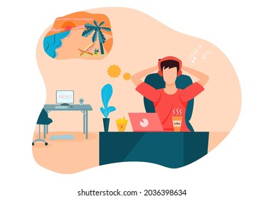 Concept Lifestyle quarantine, relax time. man sitting on a chair in front of a desk  thinking beach sea. Vector flat style. Illustration for happy holidays, rest, free time, stay home.