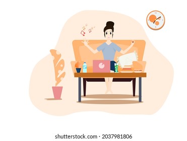 Concept Lifestyle quarantine, relax time. woman holding a snack in her hand  watching a movie with a laptop  on the sofa in the living room. Vector flat style. Illustration for content watch laptop 