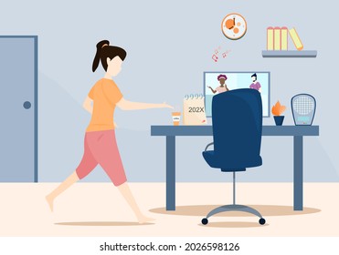 Concept Lifestyle, stay home. Character young woman walking to her desk, where the computer screen is showing Chatting with friends. Vector illustration flat online chat, video call, quarantine