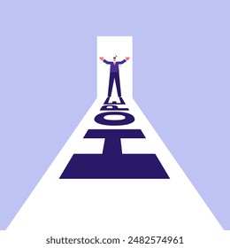Concept of a light at the end of the tunnel positive outcome, businessman standing at a door while a shadow in a shape of the word hope