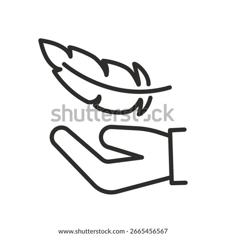 concept lightweight, hand and feather icon, lightness, plumelet linear vector illustration eps10