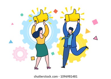 Concept of likes and positive feedback. Happy woman with prize Thumbs up sign. Business woman holds the prize over head and people jumping around her. Flat design, vector illustration.