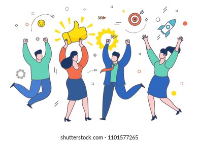 Concept of likes and positive feedback. Happy woman with prize Thumbs up sign. Business woman holds the prize over head and people jumping around her. Flat design, vector illustration.