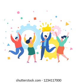 Concept of likes and positive feedback. Happy man with prize Thumbs up sign. Businessman holds the prize over head and people jumping around him. Flat design, vector illustration.