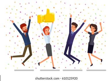 Concept of likes and positive feedback. Happy woman with prize Thumbs up sign. Business woman holds the prize over head and people jumping around her. Flat design, vector illustration.