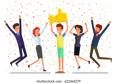 Concept of likes and positive feedback. Happy man with prize Thumbs up sign and holds it over head and people jumping around him. Flat design, vector illustration.