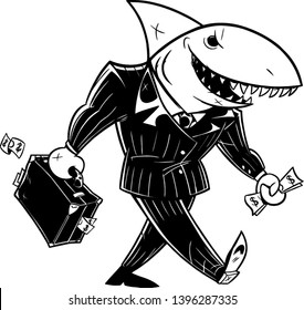 Concept line art, illustration with cartoon business shark holding briefcase.
