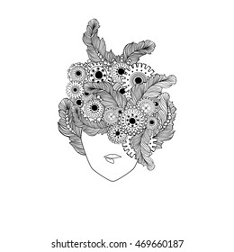Concept line art with stylized ladies hair with feathers and technology elements, gear-wheels. Woman fashion face. Can be used for barbershop logo design or adult anti stress coloring page