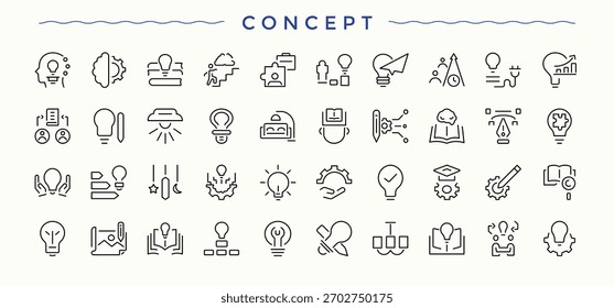 Concepto de conjunto de iconos lineales. Iconos lineales minimalistas. Contiene símbolos creativos, cerebrales, Planes, innovación, inteligencia, IA. Trazo de Vector editable. Colección de íconos de pensamiento.