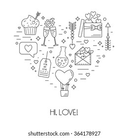 Concept from linear icons for St. Valentine's Day and the wedding day in the form of heart. Flat design. Vector illustration