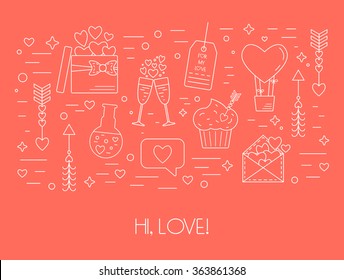 Concept from linear icons for Valentine's Day and the wedding day. Flat design. Vector illustration