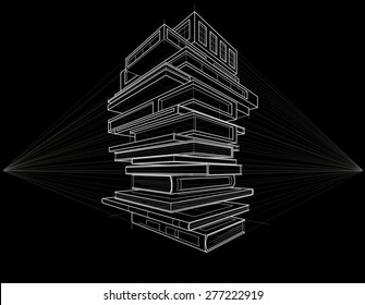 Concept linear sketch books transformed to buildings black background
