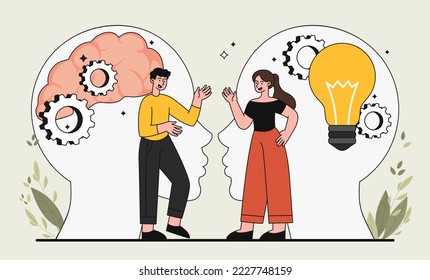 Concept of linguistics. Man and woman stand against background of abstract head silhouettes. Communication and interaction. Education and training, selfdevelopment. Cartoon flat vector illustration