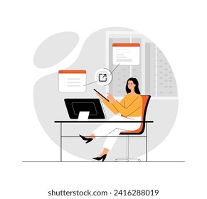 Concepto de creación de enlaces, SEO o optimización de motores de búsqueda, hiperenlace. Mujer con ventanas de navegador y enlace externo. Ilustración con la escena de personas en diseño plano para el desarrollo de sitios web y móviles.