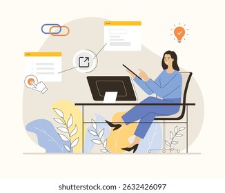 Concept of link building, SEO or search engine optimization, hyperlink. Woman with browser windows and external link. Flat vector illustration.	
