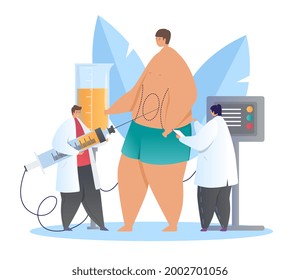 Concept of liposuction and figure correction. The cosmetologist holds a syringe and pumps out excess fat from the patient. The doctor monitors the vital signs. Modern cartoon flat vector illustration