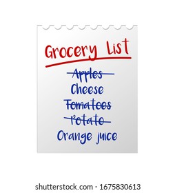 concepto de una lista de productos que necesitan ser comprados escrito en un bolígrafo. Aislado sobre fondo blanco. Ilustración vectorial de diseño plano.