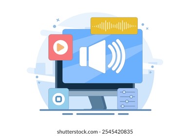 Concept of Listening to Audio and Multimedia Content, Icons depicting speakers to represent the function of listening to audio and screens or movies for multimedia content. types of digital content.