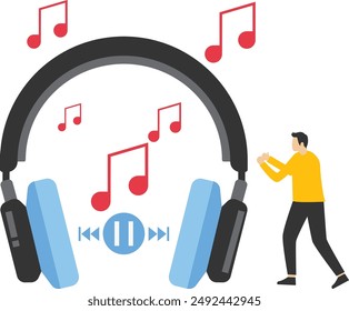 Concept of listening to internet online radio streaming, relaxed people listening. Music blog, sound recording studio. Music application, online song playlist. Illustration for poster, blog, banner.