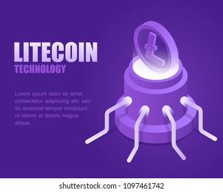 Concept litecoin technology. Vector illustration isometric bright block crypto currency. Landing page digital blockchain and cryptocurrency