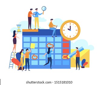 Concept of little people characters make an online schedule in the tablet. design business graphics tasks scheduling on a week. vector flat illustration