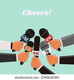 concept live breaking News vector flat design. hands Reporters holding microphone on TV in party and toasts. journalists celebrating and many mic reporting and cheers. creative Journalism  background 