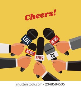 concept live breaking News vector flat design. hands Reporters holding microphone on TV in party and toasts. journalists celebrating and many mic reporting and cheers. creative Journalism background