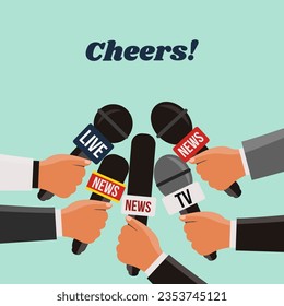 concept live breaking News vector flat design. hands Reporters holding microphone on TV in party and toasts. journalists celebrating and many mic reporting and cheers. creative Journalism background