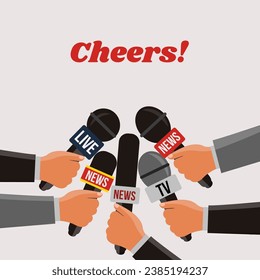 concept live breaking News vector flat design. hands Reporters holding microphone on TV in party and toasting. journalists celebrating and many mic reporting and cheers. creative Journalism background