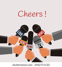 concept live breaking News vector flat design. hands Reporters holding microphone on TV in party and toasting. journalists celebrating and many mic reporting and cheers. creative Journalism background