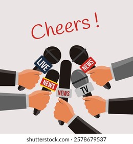 concept live breaking News vector flat design. hands Reporters holding microphone on TV in party and toasting. journalists celebrating and many mic reporting and cheers. creative Journalism background