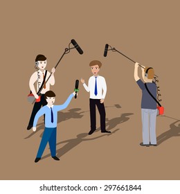Concept live reports, interviews, microphones in the hands of journalists. Live news template. 